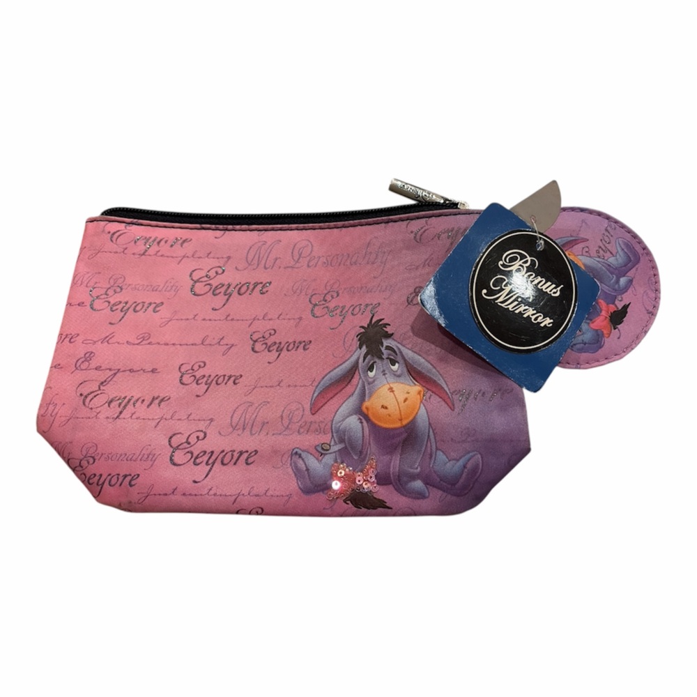 NWT Disney Eeyore Donkey Makeup Zip Pouch Case Bag Sequins Bow W Mirror Pooh